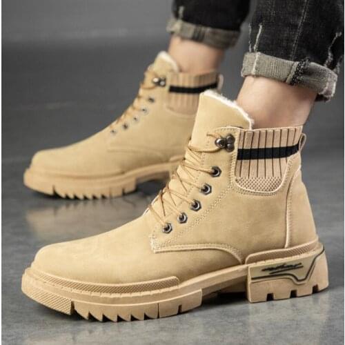 Winter mens plus cotton Martin boots classic retro tooling boots warm casual shoes high-top desert boots high-quality nude boot