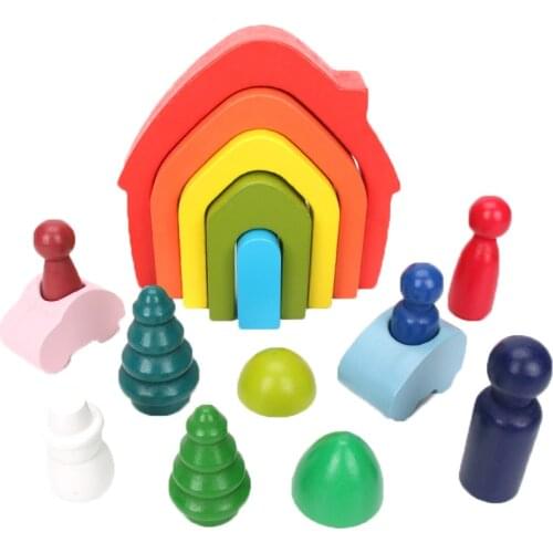 16Pcs/set Wooden Rainbow Blocks Wooden Grimms House Trees Cars Rainbow Stackers Colorful Building Block for Kids Early Education
