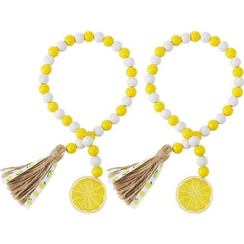 2 Pieces Lemon Wood Bead Garland with Tassels Farmhouse Rustic Summer Lemonade Slice Tiered Tray Decor Prayer Boho Bead