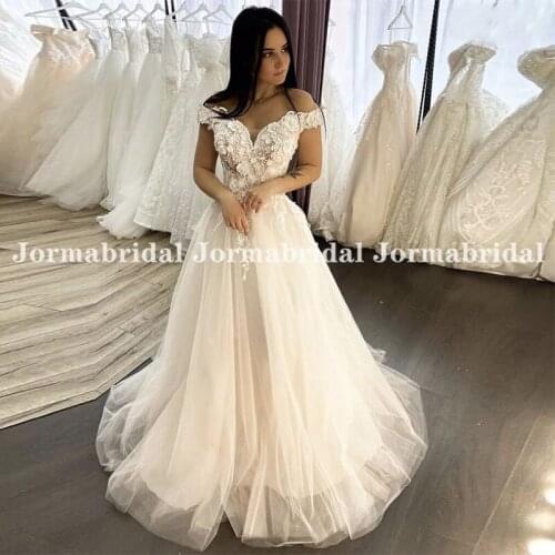 2021 Romantic 3D Appliques Wedding Dresses Robe De Mariage Light Champagne Tulle A Line Boho Bridal Gowns vestido de noiva