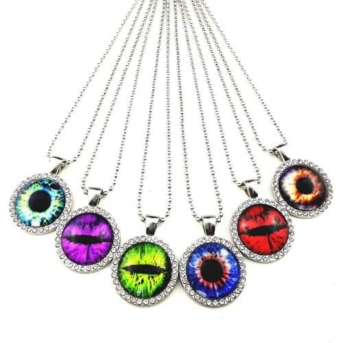 24pcs/lot Red blue purple Glass Dragon Cat Eyes rhinestone pendant Ancient silver necklace Horse sweater chain