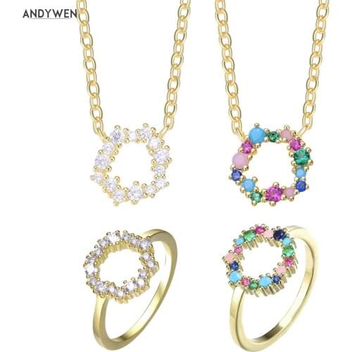 ANDYWEN 925 Sterling Silver Gold Angelique Sparkle Tutti Frutti Rainbow CZ Zircon Guadaloupe Ring Earring Necklace Jewelry Set
