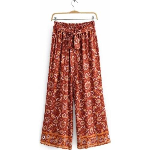 New Wide-leg Pants Printed Elastic Band Casual Trousers Comfortable Polyester Cotton Wide-leg Pants Bohemian Ethnic Style Pants
