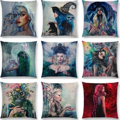 Double Oil Painting Cushion Cover Miracle Girl Wonder Beauty Magic Witch Beautiful Queen Narwhal Cat Swan Sofa linen Pillow Case