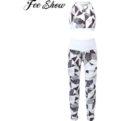 Kids Girls Yoga Running Sport Suits Dance Set Printed Sleeveless Inverted V-Shaped Back Crop Tank Top with High Waist Leggings