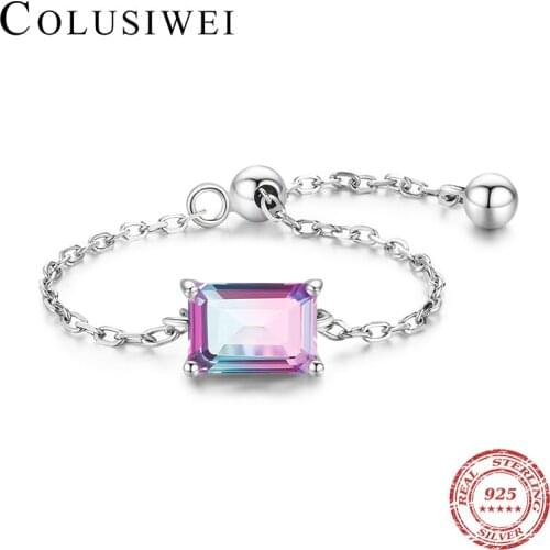 Colusiwei New 925 Sterling Silver Emerald Cut AAAA Gradient Tourmaline Rings Adjustable Chain Link Rings for Women Charm Jewelry