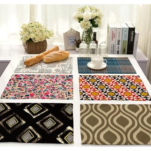 Fashion Color Geometric Pumping Printing Cotton And Linen Western Placemats Practical Heat Insulation Placemats Home