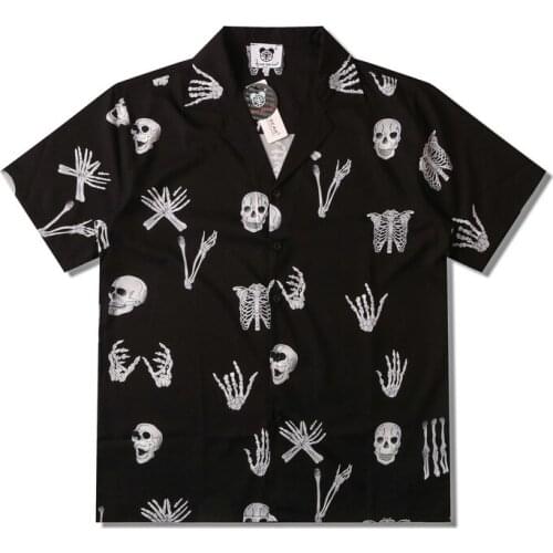 Dark Sreetwear Skeleton Print Black Shirt Men Hip Hop Hawaiian Beach Short Sleeve Korean Clothes For Teens Camisas Para Hombre