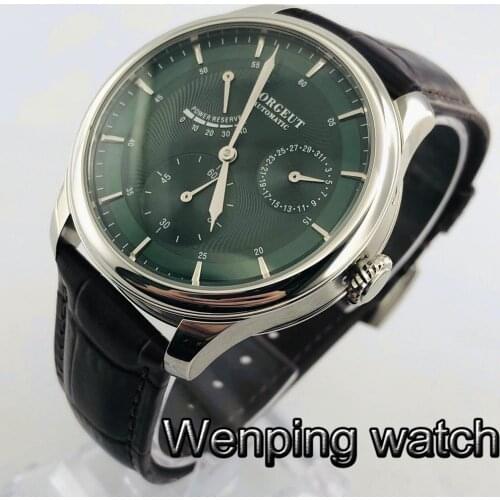 Corgeut 40mm Silver Case Green Dial Date Leather Strap Mens Top Power Reserve Automatic Mechanical Watch