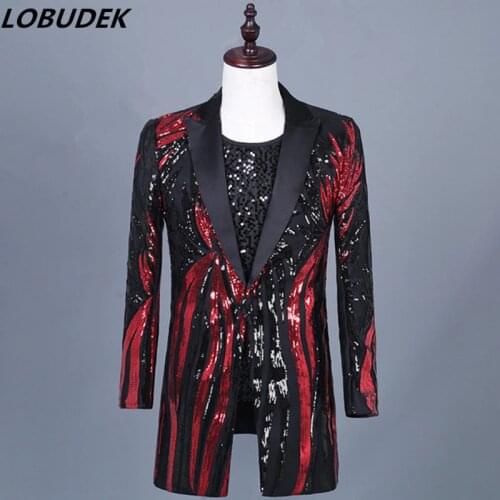 Personality Red Black Sequins Long Blazers Mens Slim Coat Tide Male Singer Nightclub Vocal Concert Costume Suit Jacket Overcoat