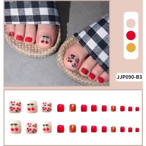 Fake Nails Burgundy Cherry Short Toe Nail Stickers Finished Nail Stickers 24 Pieces With Glue TN