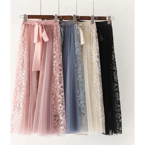 2019 Spring Autumn Elegant Women Bow Tie Mesh Skirts Lady Elastic Waist Skirt Long Section Lace Jacquard Skirt Femme Skirt WZ881