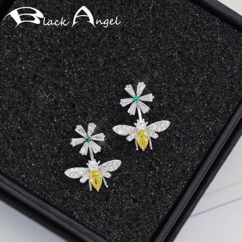 BLACK ANGEL 2020 New Shiny Luxury Gemstone Daisy Citrine Cute Bee 925 Silver Stud Earrings For Women Insect Jewelry Wholesale