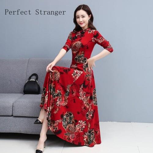 2021 Autumn New Arrival Chinese Style Cheongsam Style Stand Collar Flower Printed Long Sleeve Women Wedding Party Long Dress