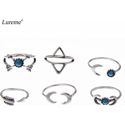 Lureme Vintage Silver Arrow Moon Green Stone Joint Knuckle Nail Midi Ring Set of 6 Rings for Women Simple Jewelry (rg001830)