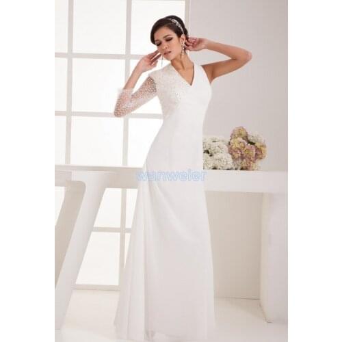 Free shipping 2016 formal dress new design hot sale cap sleeve long sleeve brides maid beaing chiffon white/ivory evening Dress
