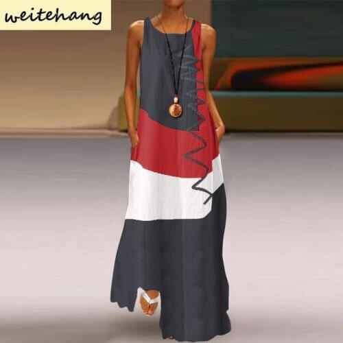 Vintage Color Stitching Maxi Dress Womens Summer Sundress Casual Sleeveless Tank Vestidos Female O Neck Robe Femme