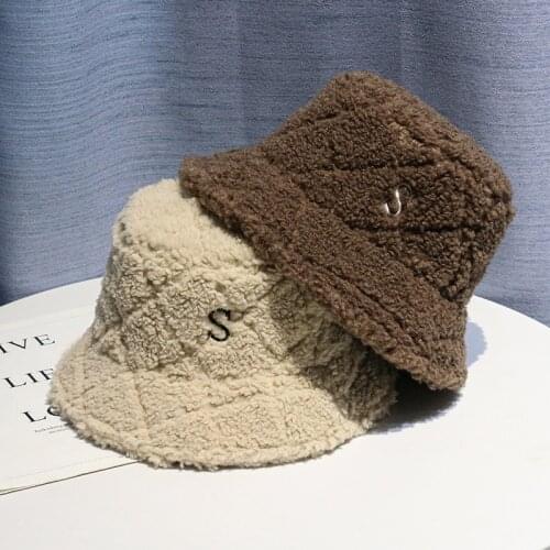 Winter Hat Womens Tide Embroidery Letters Lamb Hair Fisherman Hat Warm Plush Big Brim Hat Men
