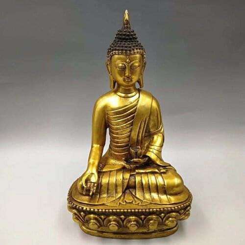 12" China Antique Tibetan Buddhist brass plated gold Buddha statue