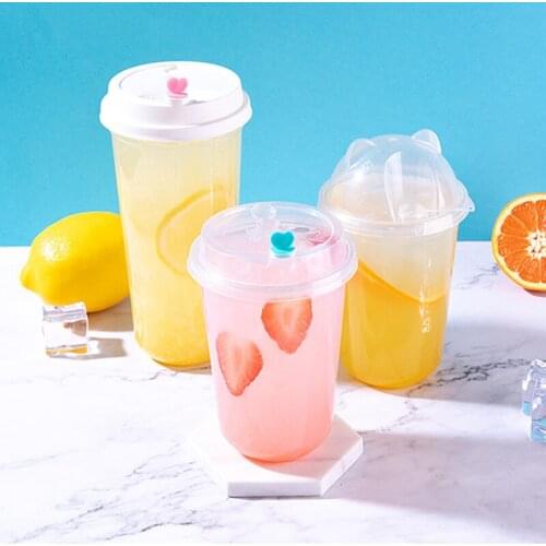 50pcs 90 caliber U-shaped disposable cups 400ml transparent coffee tea juice cold hot drink takeaway packaging cups with lid