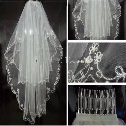 White//Ivory 2T Embroidery Beaded Edge Veil Bridal Wedding Short Veils With Comb