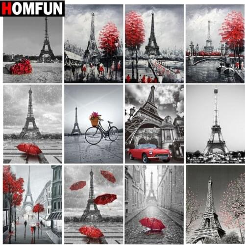 HOMFUN Rhinestone Painting Crystal Decor Diy Diamond Painting "Tower red umbrella" 3D Cross Stitch Pattern Diamond Embroidery