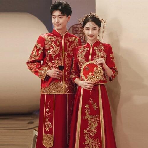 Flower Embroidery Beading Cheongsam Chinese Traditional Couple Wedding Suit Elegant Bride Qipao Dress китайская одежда