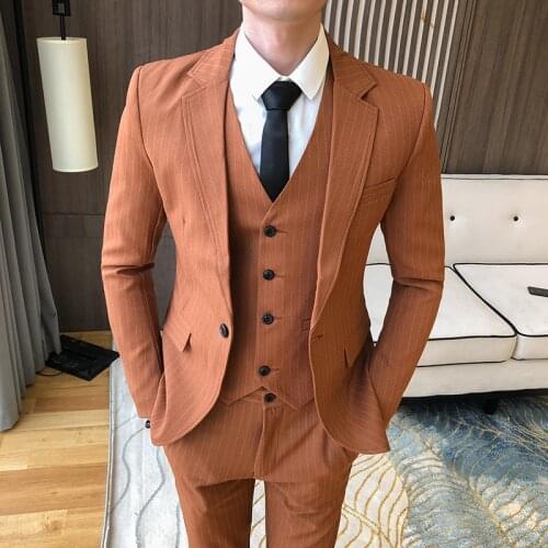 3 Pcs Set Blazers Jacket Vest Pants / 2021 Fashion New Mens Casual Business Wedding Groom Striped Suit Coat Trousers Waistcoat