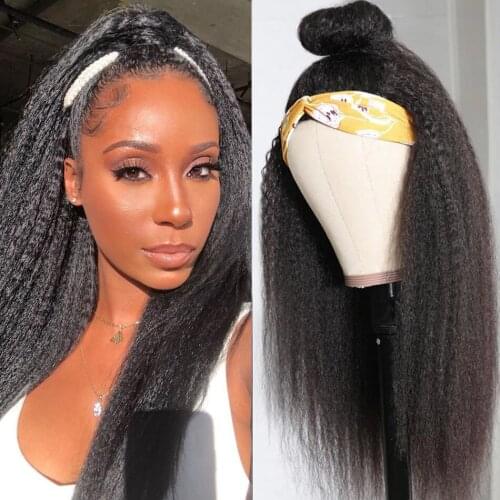 Kinky Straight Human Hair Wig with Headband 150% Full Machine Half Wig Brazilian Headband Wig Remy Human Hair 8-26 inch