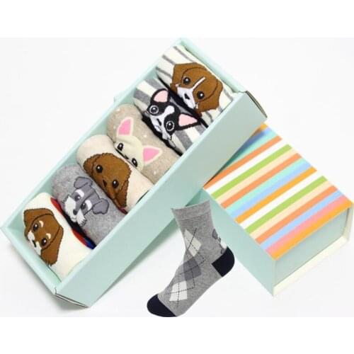 Hot sale! women cartoon socks gift box 6pairs/lot autumn-winter funny animal cotton socks femme and womens cartoon dog sock