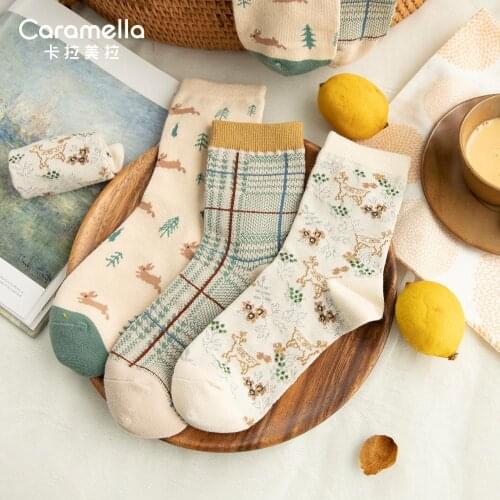2020 Caramella New Pattern 3pairs/lot Winter Autumn Women Socks Funny Cartoon Deer Socks Colorful Gride Short Socks Sweet Socks