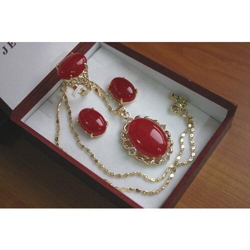 Wholesale noble 13*18mm 18kgp plated red jadel ring(#6,7,8,9) earrings &pendant fashion jewelry set