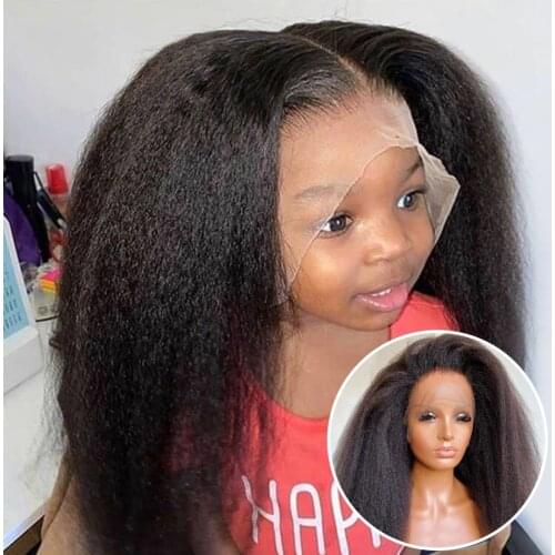 Lace Frontal Wig Pre Plucked with Baby Hair Kinky Straight 250 Density T Part Lace Front Human Hair Wigs Remy Glueless