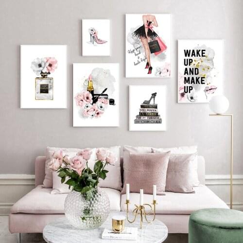 Lipstick Perfume High Heels Fashion Poster Makeup Floral Print Girl Room Home Decoration Canvas Art Painting Wall Picture Modern