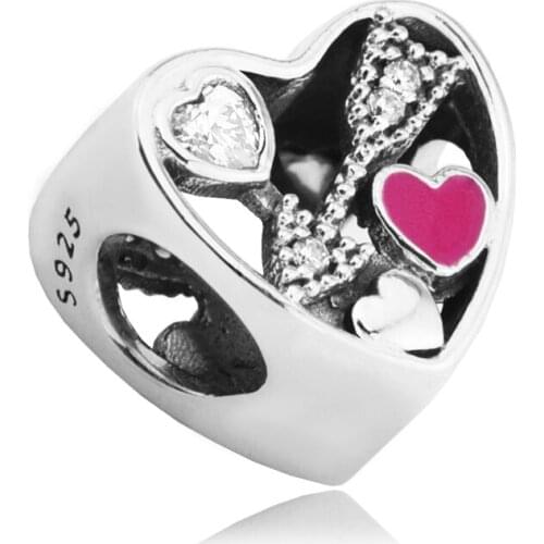QANDOCCI Fits For Pandora Bracelets Struck by Love Charms with Cerise Enamel 100% Sterling Silver Beads Free Shipping