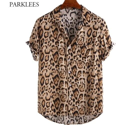 Wild Leopard Print Shirts for Men 2020 Casual Summer Mens Short Sleeve Shirt with Pocket Button Lapel Men Shirt Camisas Hombre