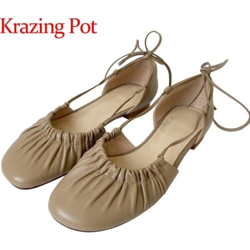 Krazing Pot genuine leather round toe low heels glove shoes simple style fashion pleated ankle lace ballet shoes women pumps L41