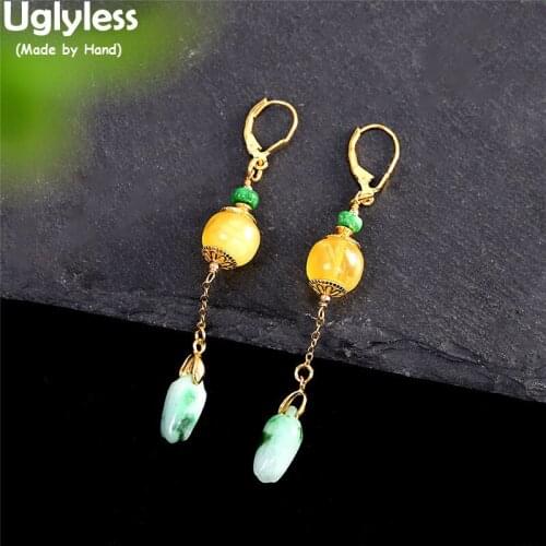 Uglyless Exotic Natural Turquoise Beeswax Amber Earrings for Women Gold Ear Hoops Real 925 Silver Brincos Exotic Fashion Jewelry