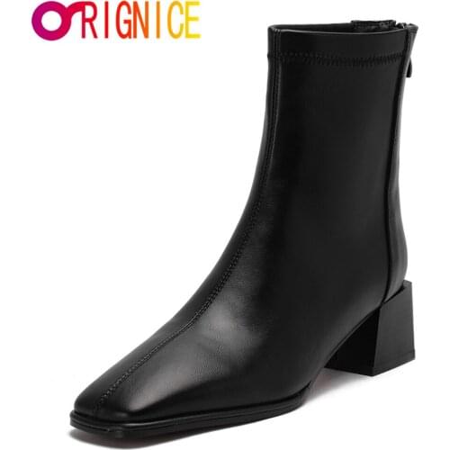 Orignice New Autumn High Quality Leather Ankle Boots Fashion Female Thick Heels Elegant Black Apricot Square Toe Zipper Shoes