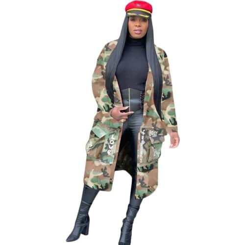 OMILKA Camouflage Letter Printed Long Trench Coat 2020 Autumn Women Full Sleeve Pocket High Street Hip Hop Casual Long Coat