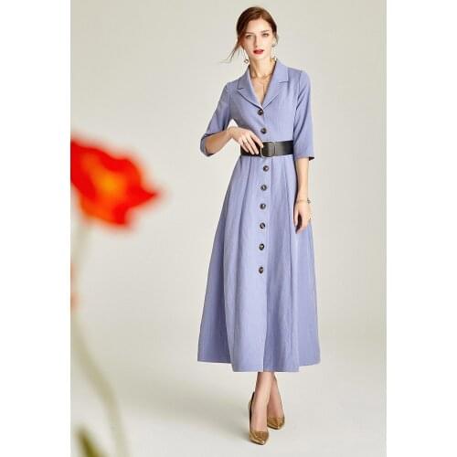 2020 Office Lady Women Long Dress Cottons Three Quarter Sleeves Full Length Gorgeous Dress