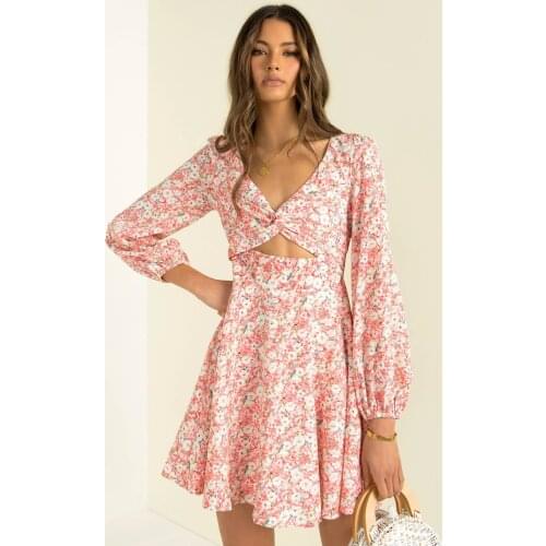 Floral Printed Women Mini Dress Long Lantern Sleeve V-neck A-line Dress Sexy Zipper Casual Fashion Woman Dress Vestido New