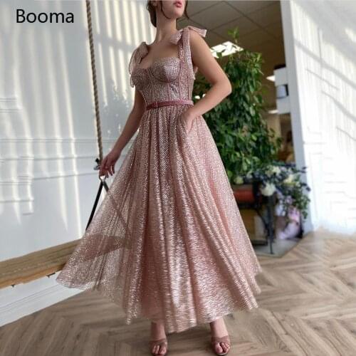 Booma Nude Pink Glitter Tulle Prom Dresses Spaghetti Straps Tied Bow Ankle-Length Prom Gowns Belt A-Line Formal Party Dresses