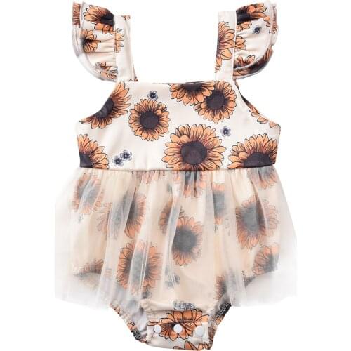 2021-04-01 Lioraitiin 0-12M Infant Baby Girl BreathableFly Sleeve Romper Sweet Style Sunflower Printing Mesh Splicing Jumpsuit