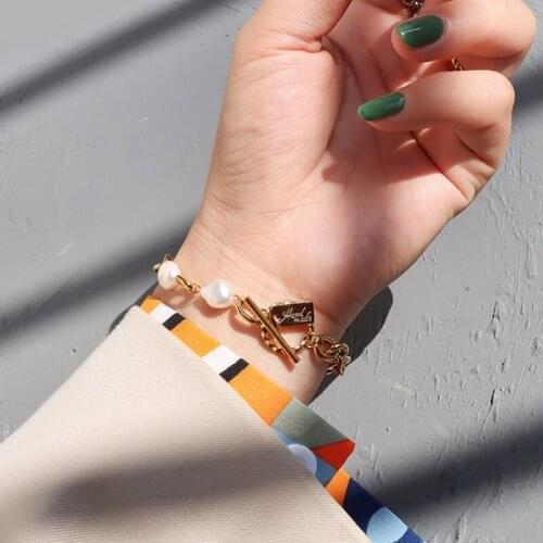 925 Sterling Silver Asymmetric Pearl Chain Bracelet OT Buckle Geometric Iuxury Iadies Bracelet Simple Jewelry Gift