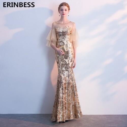 Luxury Gold Sequined Evening Dresses Long Dress Robe De Soiree 2020 Scoop Neck Half Sleeve Evening Dress Elegant Party Dress