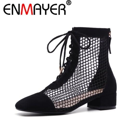 ENMAYER Woman Ankle boots Size 34-39 Square Toe Fashion Boots for Women Spring Autumn Thick heels Summer boots Hollow Zip CR654