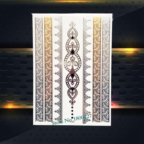 Classic Gold Silver Temporary Tattoo Stickers PYH22 Indian Chain Bracelet Lace Henna Jewel Design Flash Metallic Tattoo Body Art
