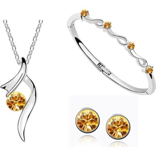 Silver plated Wedding Jewelry Sets African Bridal Crystal Pendant Necklace Bracelet Stud Earring for women accessories