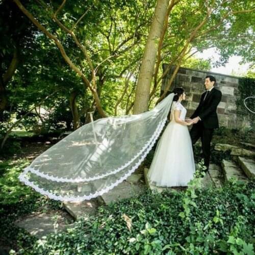 Lace Cathedral Veil with Blusher- Scalloped Lace Wedding vory Bridal Veil Chapel Veil Two Tier Veil 2 Layer White Veil